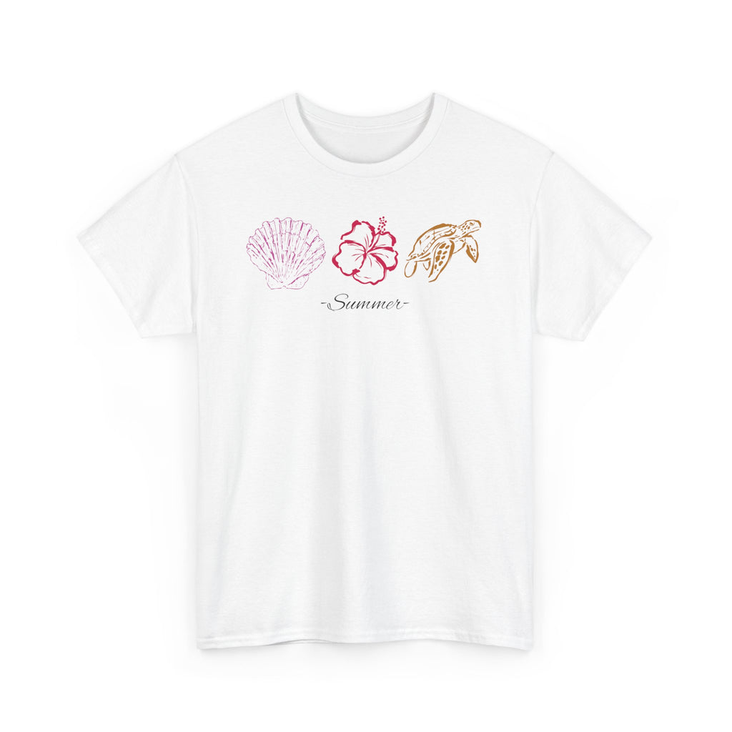 The Reena Tee— Tropical Shells & Hibiscus Tee with 'Summer' Script