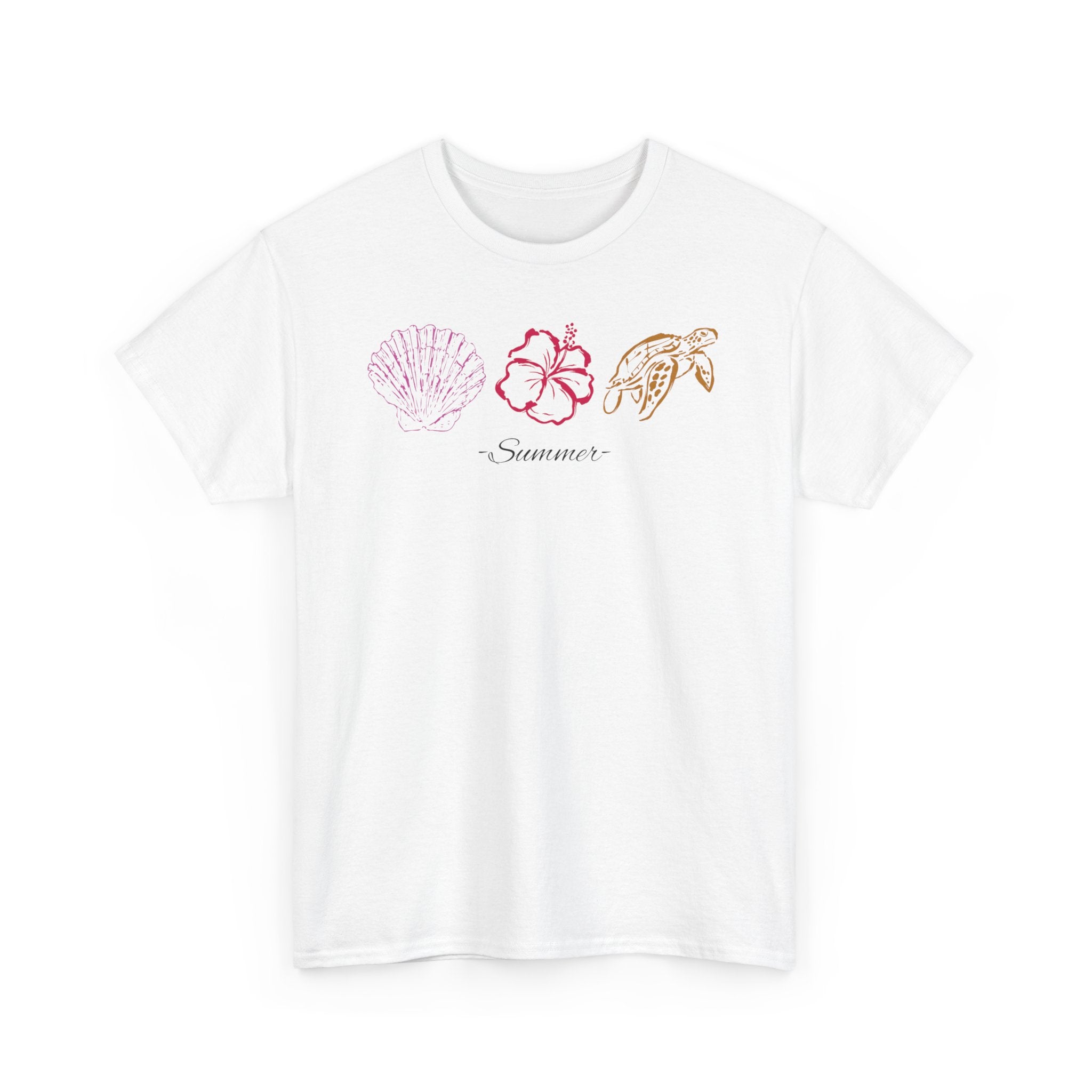 The Reena Tee— Tropical Shells & Hibiscus Tee with 'Summer' Script