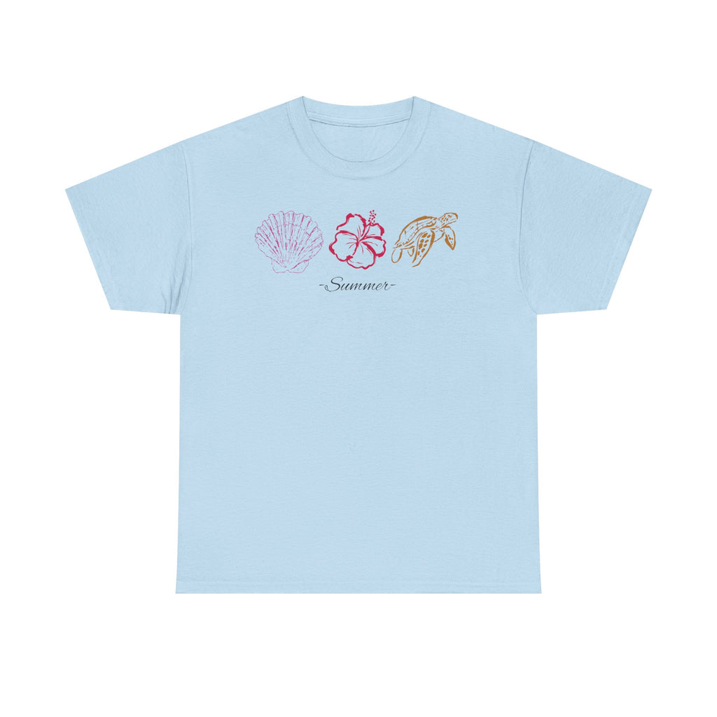 The Reena Tee— Tropical Shells & Hibiscus Tee with 'Summer' Script