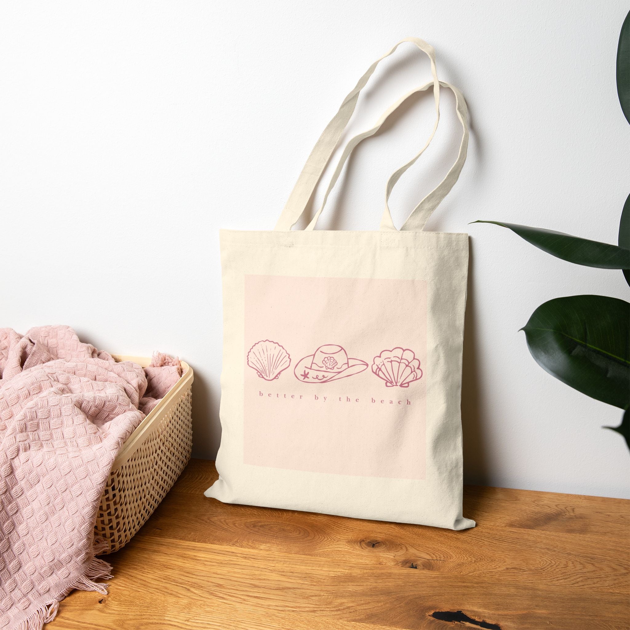 Seashell & Sun Hat Canvas Tote — Summer Beach Cotton Bag