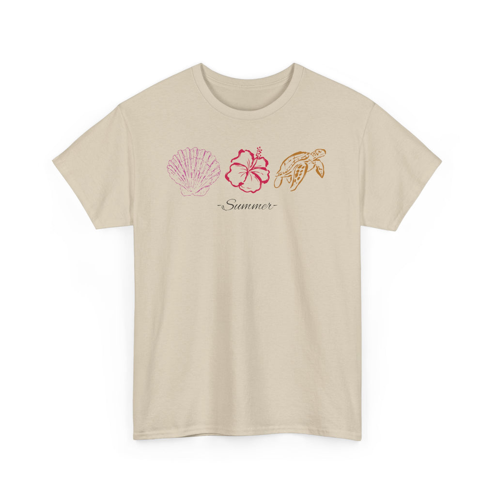 The Reena Tee— Tropical Shells & Hibiscus Tee with 'Summer' Script