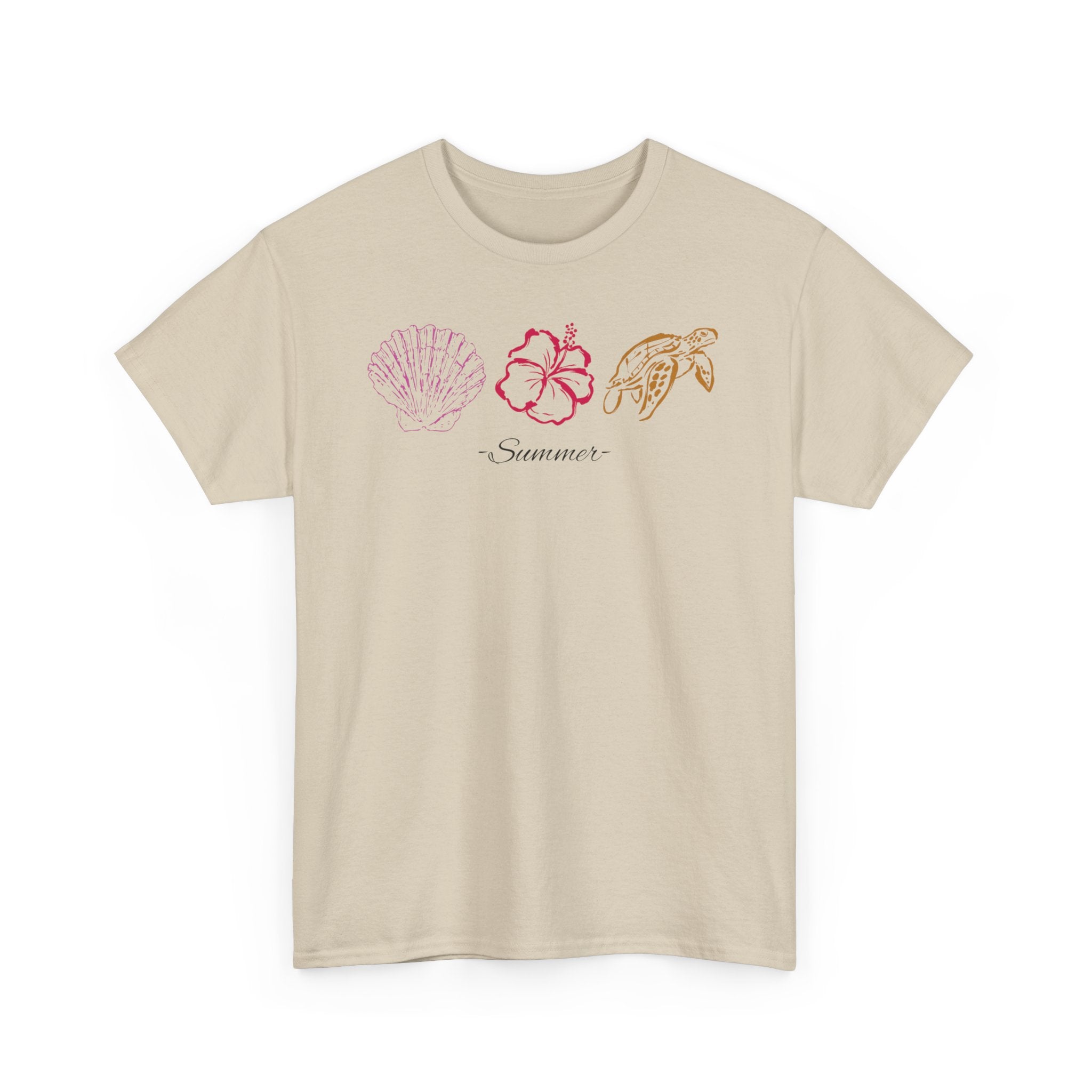 The Reena Tee— Tropical Shells & Hibiscus Tee with 'Summer' Script