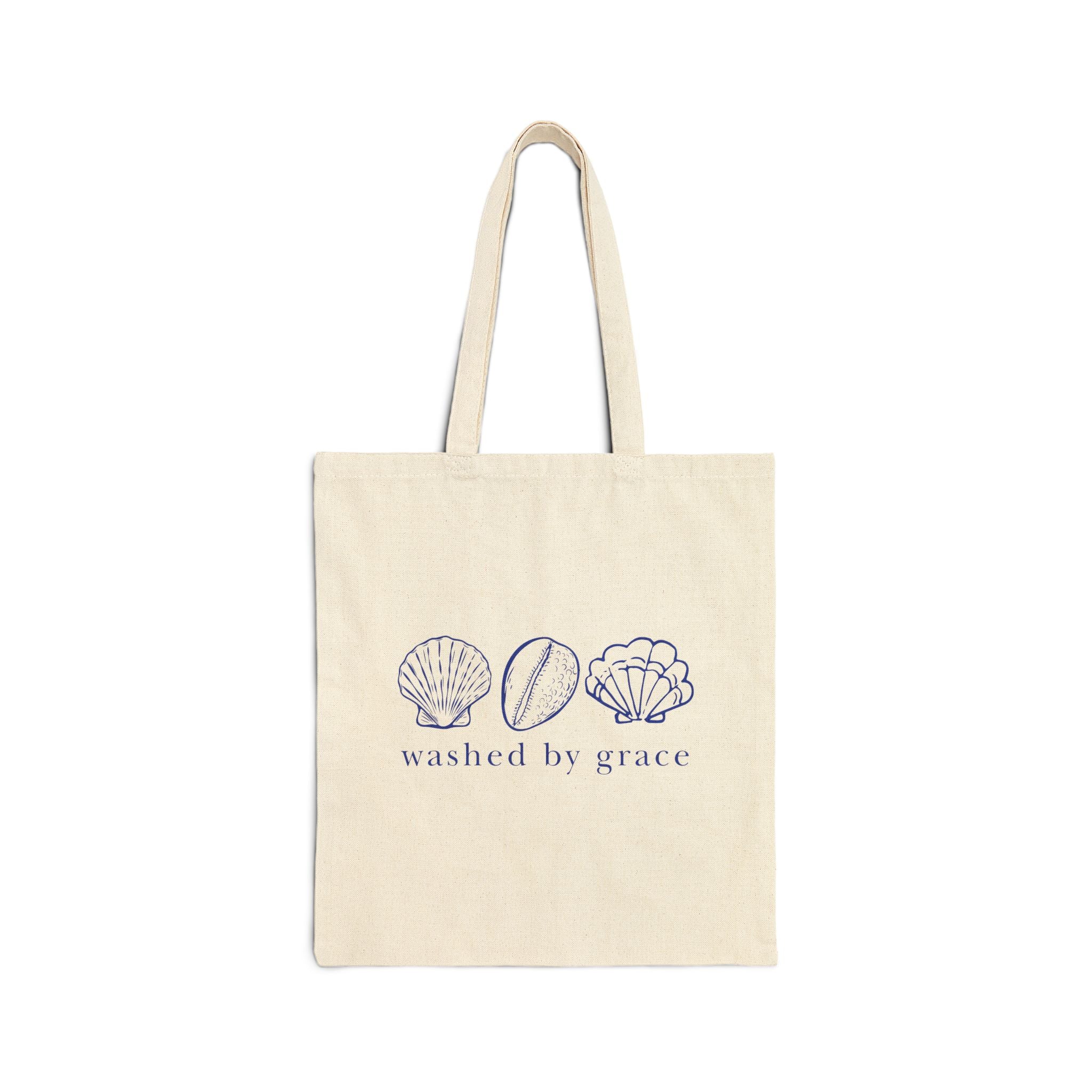 Washed By Grace Shell Tote Bag — Cotton Canvas Scripture Beach Tote