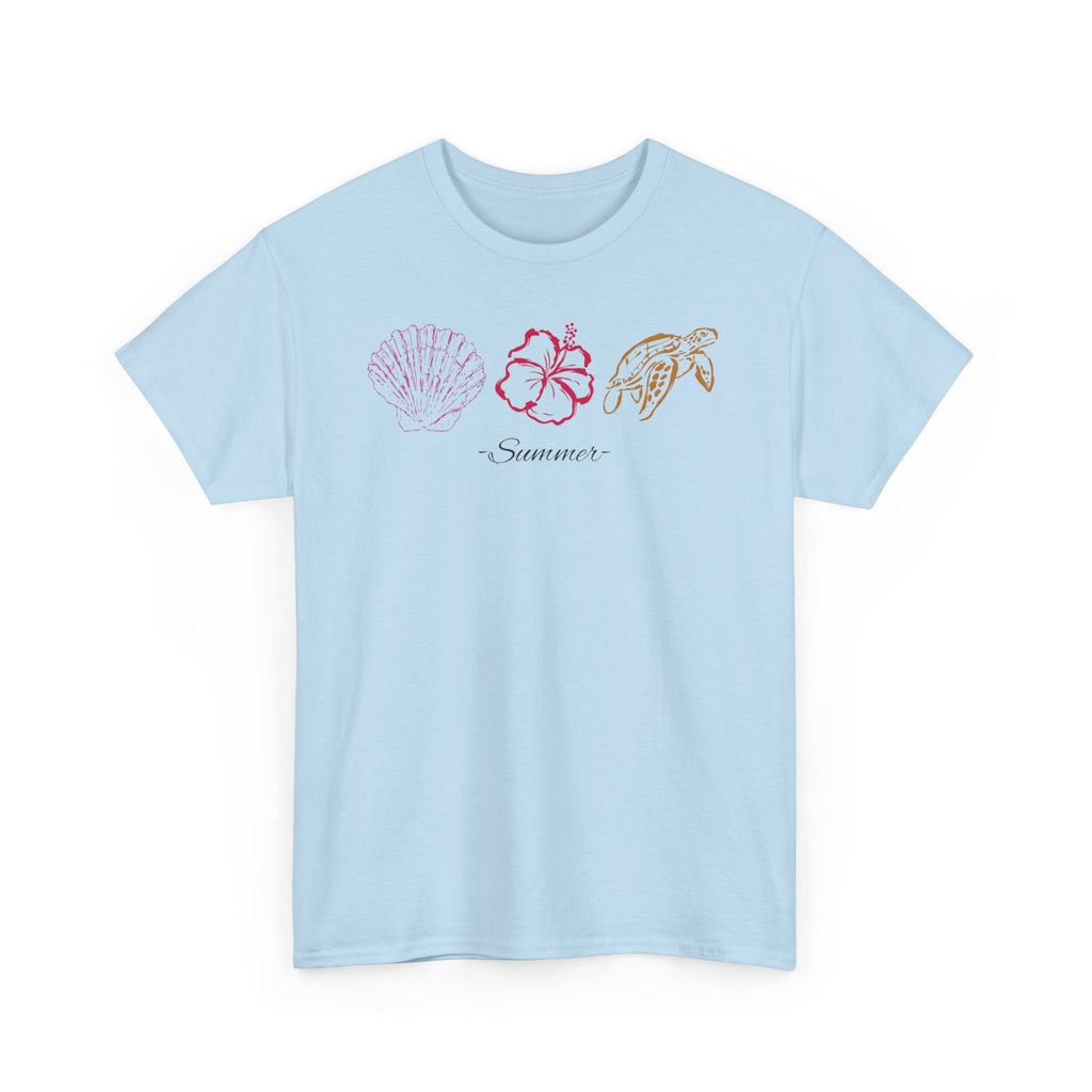 The Reena Tee— Tropical Shells & Hibiscus Tee with 'Summer' Script