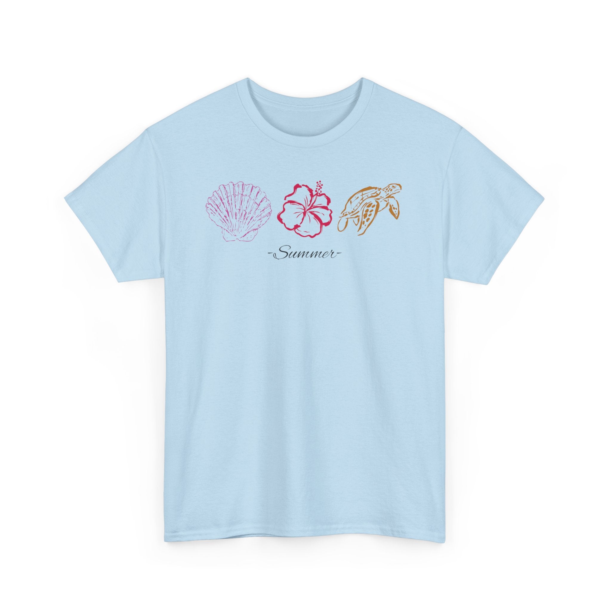 The Reena Tee— Tropical Shells & Hibiscus Tee with 'Summer' Script
